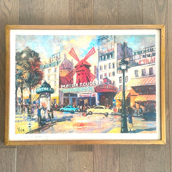 Vintage Paris LE MOULIN ROUGE Art Print - Signed YVO - Gold Wooden Frame - Picture 8 of 10